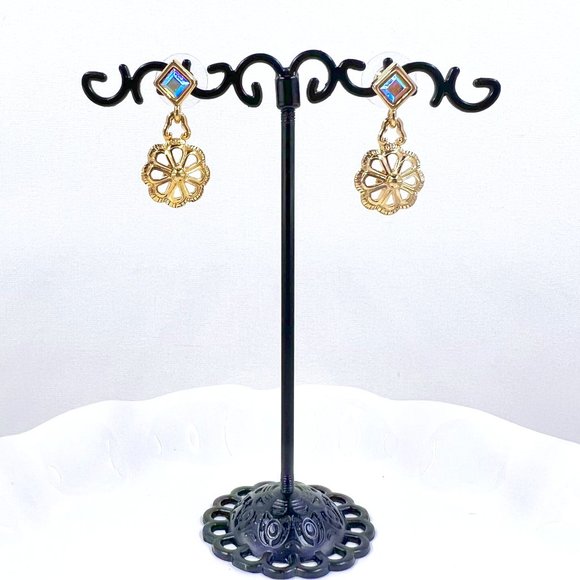 Golan Goldex - Dainty AB Jeweled Gold Tone Circle Flower Shaped Drop Earrings - Picture 2 of 5